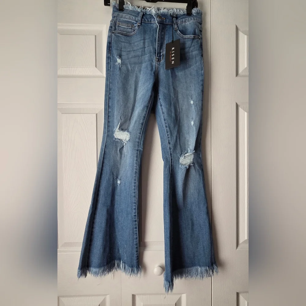 NWT Risen Raw Edge Waist W Frayed Hem Flare Jeans 27/5 - Picture 3 of 13
